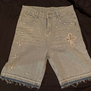 Embellished Light Blue Denim Shorts with Crystal Cross Detail